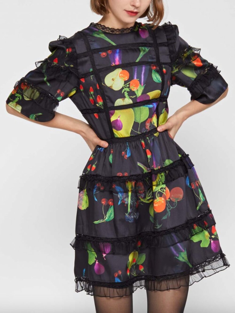 $495 Cynthia Rowley Black Floral Lace Fit & Flare Olivia Short Dress size 0